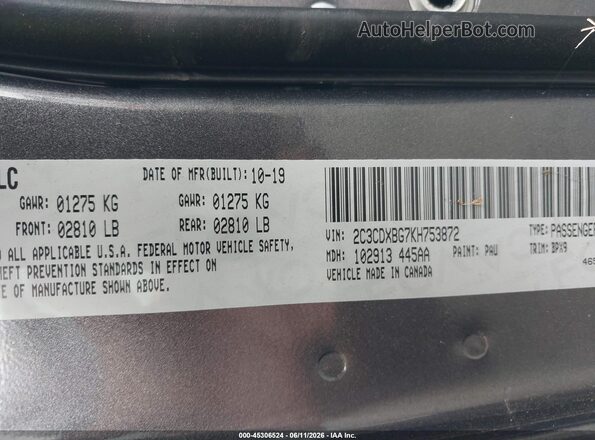 2C3CDXBG7KH753872 2019 DODGE CHARGER Gray Widok komory silnika