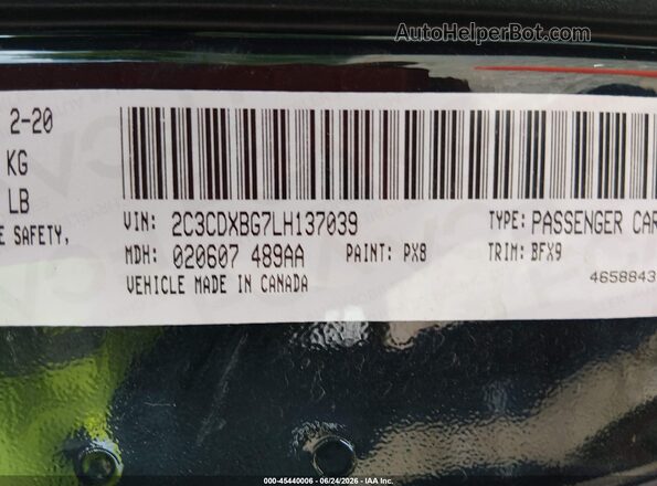 2C3CDXBG7LH137039 2020 DODGE CHARGER Black Vista del compartimento del motor