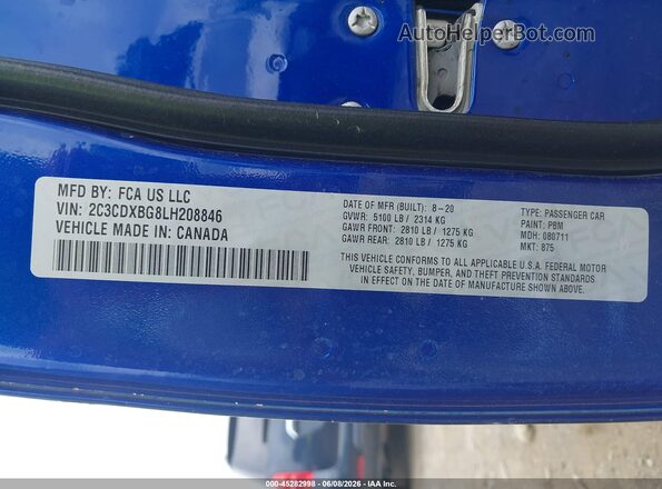 2C3CDXBG8LH208846 2020 DODGE CHARGER Blue Вид підкапотного простору