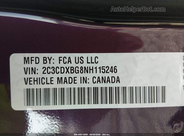 2C3CDXBG8NH115246 2022 DODGE CHARGER Purple ძრავის განყოფილების ხედი