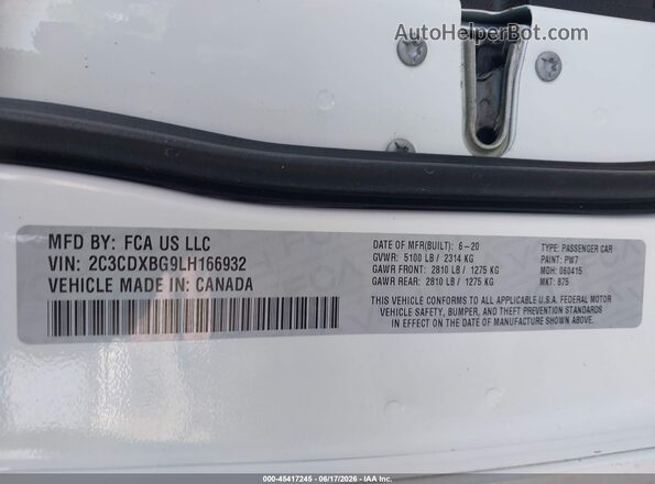 2C3CDXBG9LH166932 2020 DODGE CHARGER White Vista del compartimento del motor