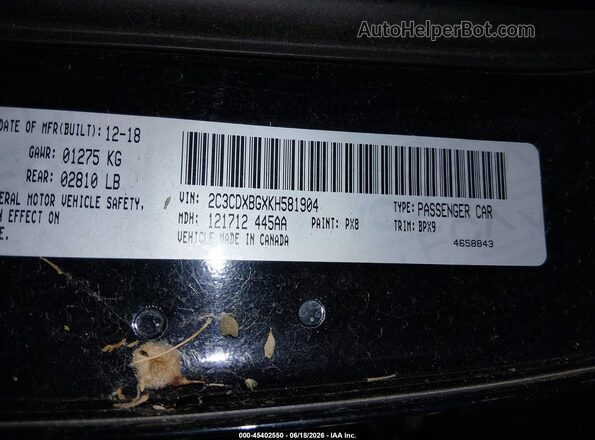 2C3CDXBGXKH581904 2019 DODGE CHARGER Black Շարժիչի բաժամունքի տեսք