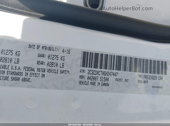 2C3CDXCT0GH247447 2016 DODGE CHARGER White Vista del compartimento del motor