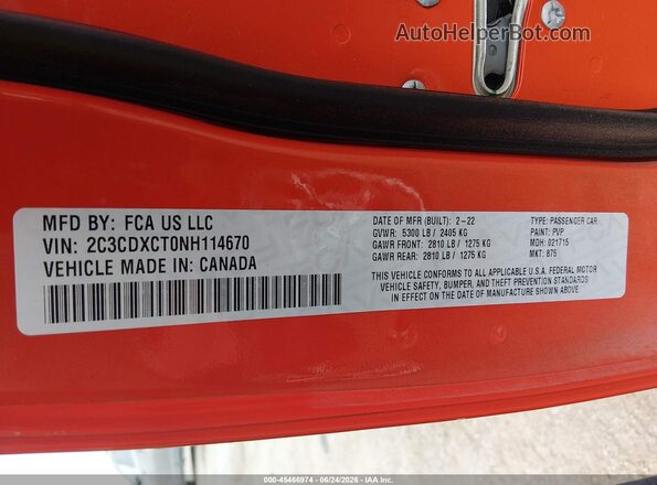 2C3CDXCT0NH114670 2022 DODGE CHARGER Оранжевый Вид подкапотного пространства