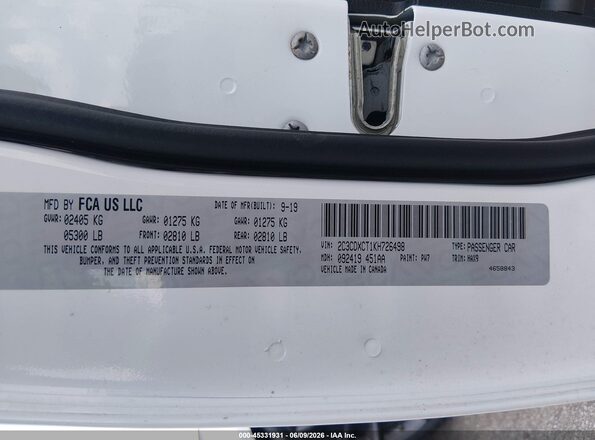 2C3CDXCT1KH726498 2019 DODGE CHARGER White ძრავის განყოფილების ხედი