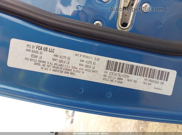 2C3CDXCT8LH153701 2020 DODGE CHARGER Light Blue ძრავის განყოფილების ხედი