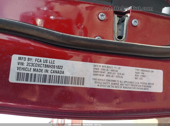 2C3CDXCT8NH261822 2022 DODGE CHARGER Maroon Vista del compartimento del motor