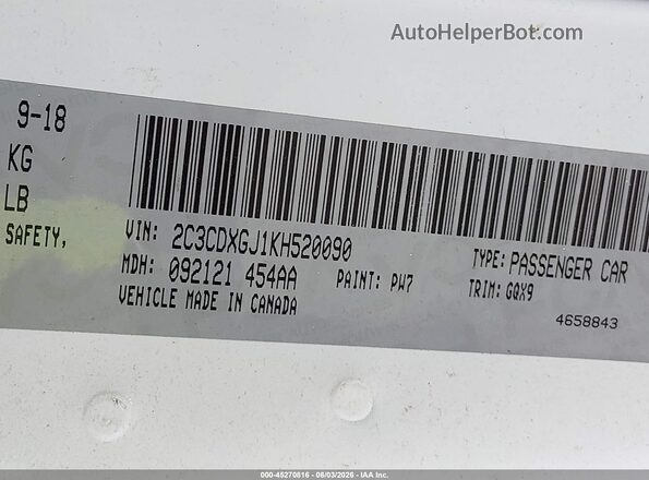 2C3CDXGJ1KH520090 2019 DODGE CHARGER White ძრავის განყოფილების ხედი