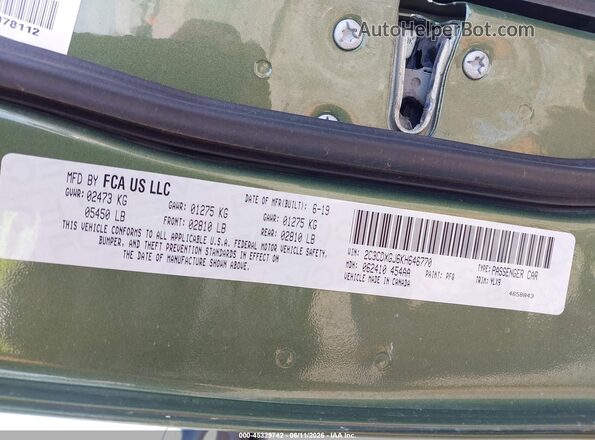 2C3CDXGJ6KH646770 2019 DODGE CHARGER Green ძრავის განყოფილების ხედი