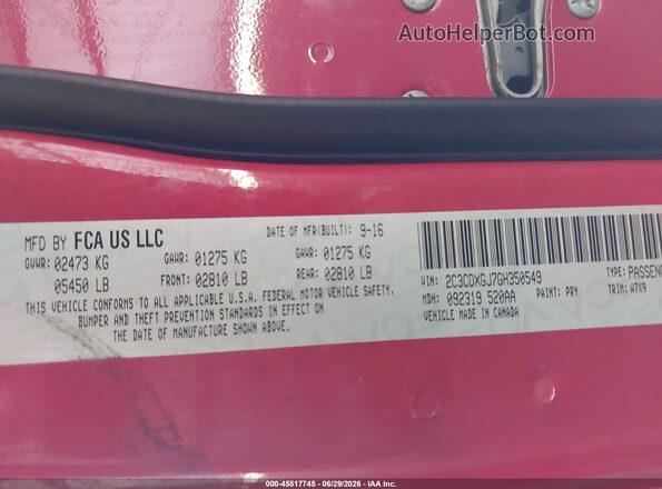 2C3CDXGJ7GH350549 2016 DODGE CHARGER Red ძრავის განყოფილების ხედი