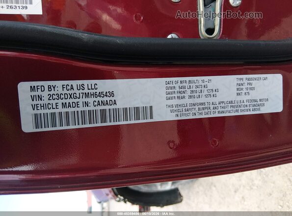 2C3CDXGJ7MH645436 2021 DODGE CHARGER Maroon Вид підкапотного простору