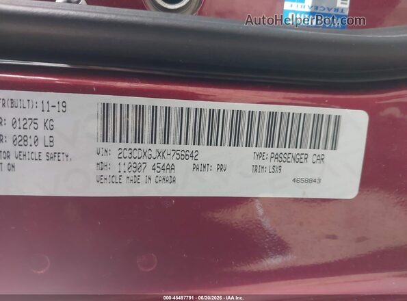 2C3CDXGJXKH756642 2019 DODGE CHARGER Red Vista del compartimento del motor