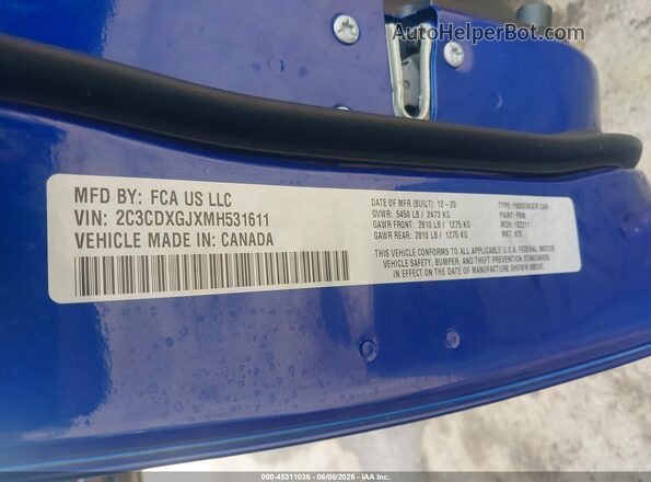 2C3CDXGJXMH531611 2021 DODGE CHARGER Blue Vista del compartimento del motor