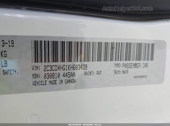 2C3CDXHG1KH603439 2019 DODGE CHARGER White Շարժիչի բաժամունքի տեսք