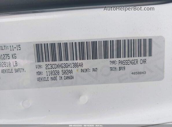 2C3CDXHG3GH138640 2016 DODGE CHARGER White Engine compartment view