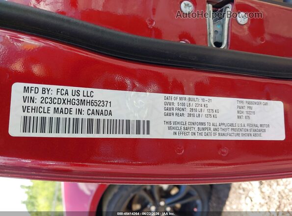 2C3CDXHG3MH652371 2021 DODGE CHARGER Red ძრავის განყოფილების ხედი