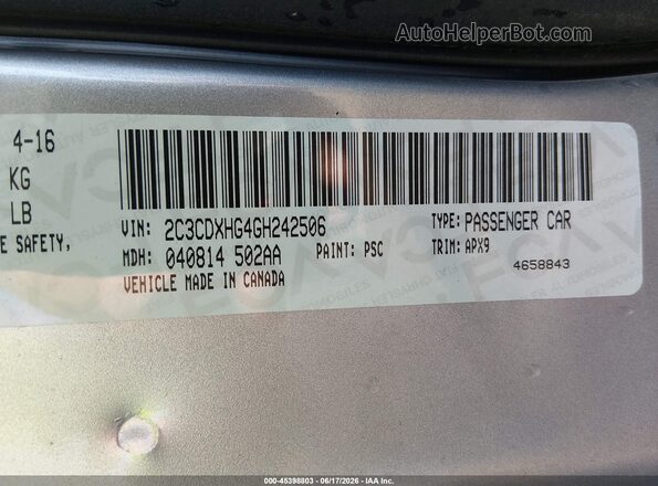 2C3CDXHG4GH242506 2016 DODGE CHARGER Silver Vista del compartimento del motor