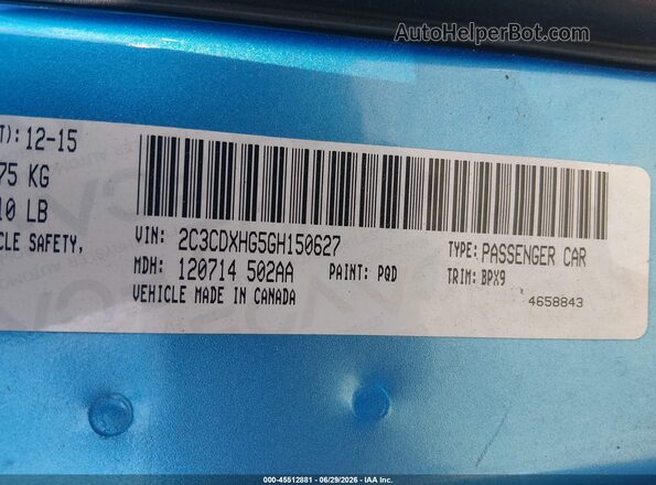 2C3CDXHG5GH150627 2016 DODGE CHARGER Blue ძრავის განყოფილების ხედი