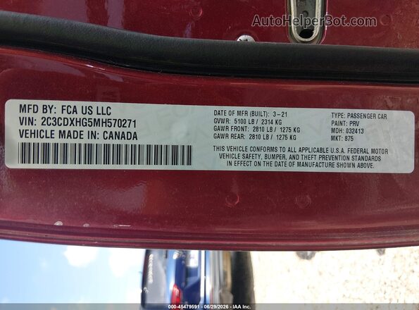 2C3CDXHG5MH570271 2021 DODGE CHARGER Red ძრავის განყოფილების ხედი