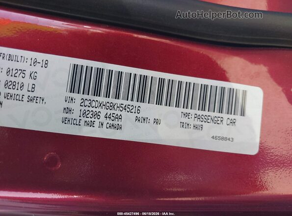 2C3CDXHG8KH545216 2019 DODGE CHARGER Burgundy Engine compartment view