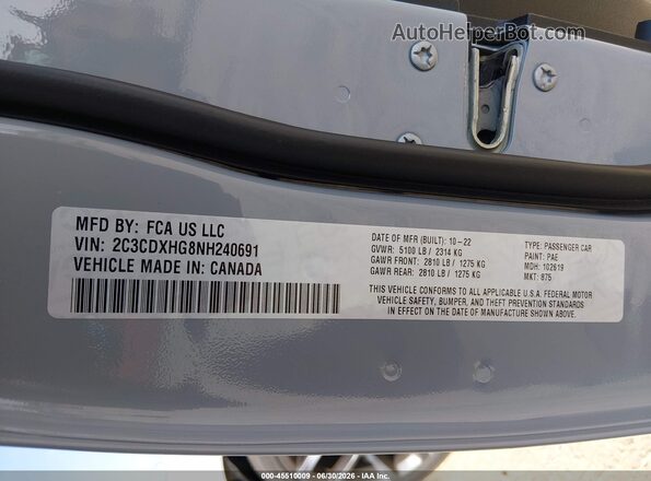 2C3CDXHG8NH240691 2022 DODGE CHARGER Gray ძრავის განყოფილების ხედი