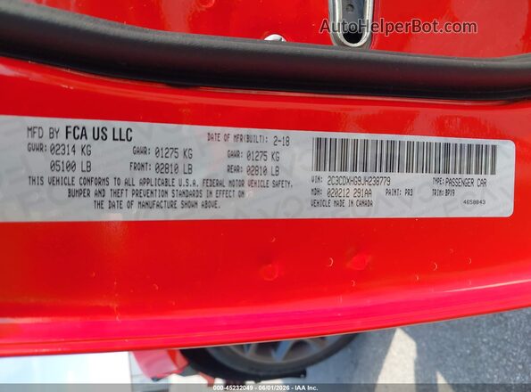 2C3CDXHG9JH238779 2018 DODGE CHARGER Красный Вид подкапотного пространства