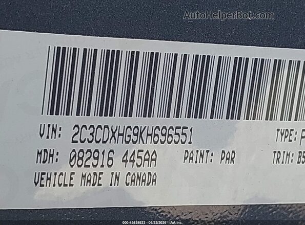 2C3CDXHG9KH696551 2019 DODGE CHARGER Серый Вид подкапотного пространства