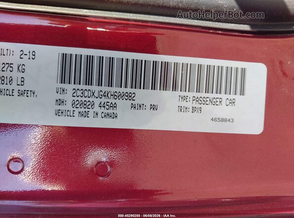 2C3CDXJG4KH600982 2019 DODGE CHARGER Бордовый 