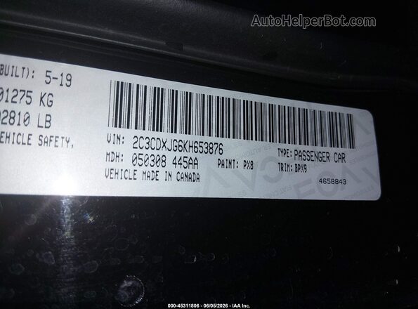 2C3CDXJG6KH653876 2019 DODGE CHARGER Black Engine compartment view