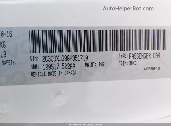 2C3CDXJG8GH351710 2016 DODGE CHARGER White Vista del compartimento del motor