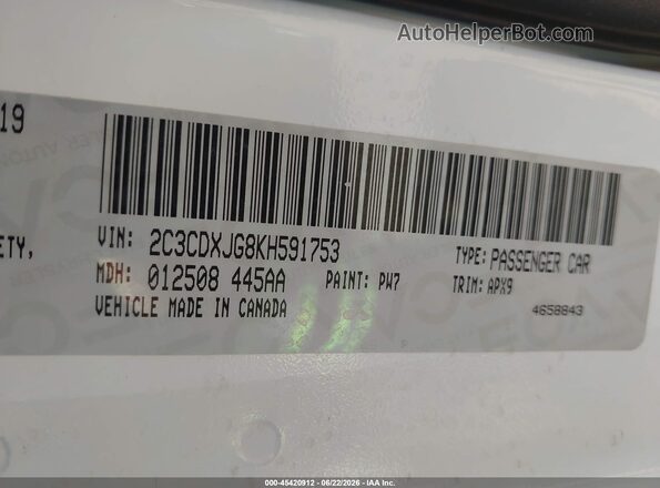 2C3CDXJG8KH591753 2019 DODGE CHARGER White ძრავის განყოფილების ხედი