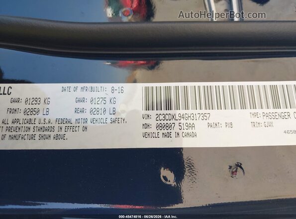 2C3CDXL94GH317357 2016 DODGE CHARGER Black Engine compartment view