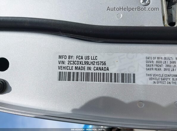 2C3CDXL99LH215756 2020 DODGE CHARGER Silver Widok komory silnika
