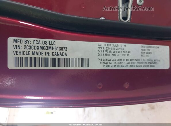 2C3CDXMG3MH613673 2021 DODGE CHARGER Red Vista del compartimento del motor