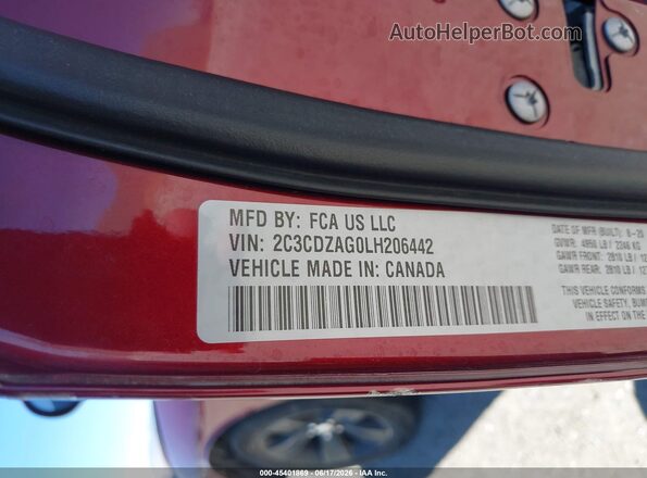 2C3CDZAG0LH206442 2020 DODGE CHALLENGER Burgundy Vista del compartimento del motor