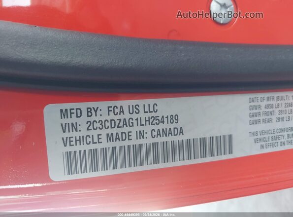 2C3CDZAG1LH254189 2020 DODGE CHALLENGER Orange Widok komory silnika