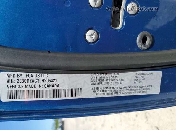 2C3CDZAG3LH206421 2020 DODGE CHALLENGER Blue Widok naklejki z numerem VIN