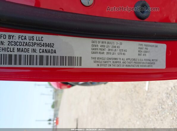 2C3CDZAG3PH549462 2023 DODGE CHALLENGER Red Շարժիչի բաժամունքի տեսք