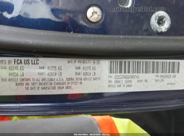 2C3CDZAG6GH309743 2016 DODGE CHALLENGER Blue Вид підкапотного простору