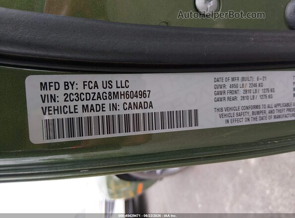 2C3CDZAG8MH604967 2021 DODGE CHALLENGER Green Vista del compartimento del motor