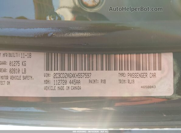 2C3CDZAGXKH557597 2019 DODGE CHALLENGER Black Widok komory silnika
