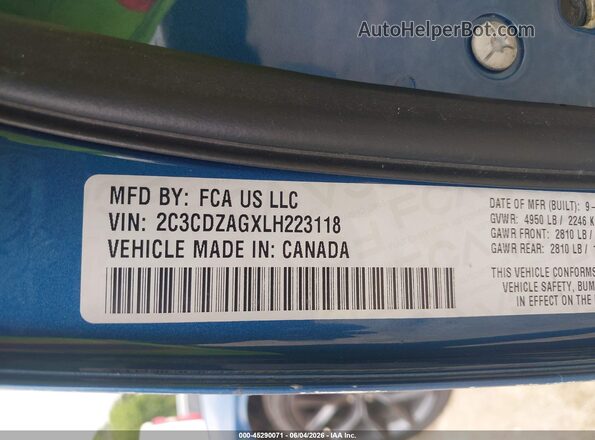 2C3CDZAGXLH223118 2020 DODGE CHALLENGER Синий Вид подкапотного пространства