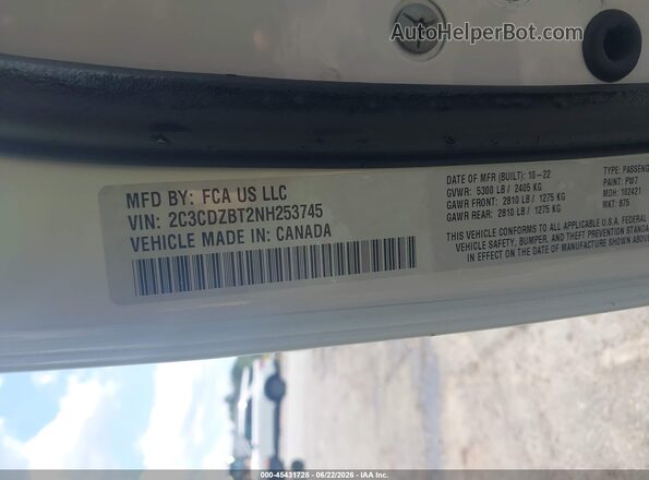 2C3CDZBT2NH253745 2022 DODGE CHALLENGER White Вид підкапотного простору