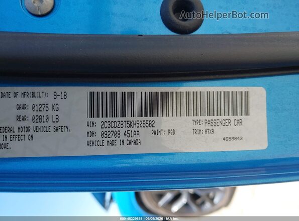 2C3CDZBT5KH509582 2019 DODGE CHALLENGER Синий Вид подкапотного пространства
