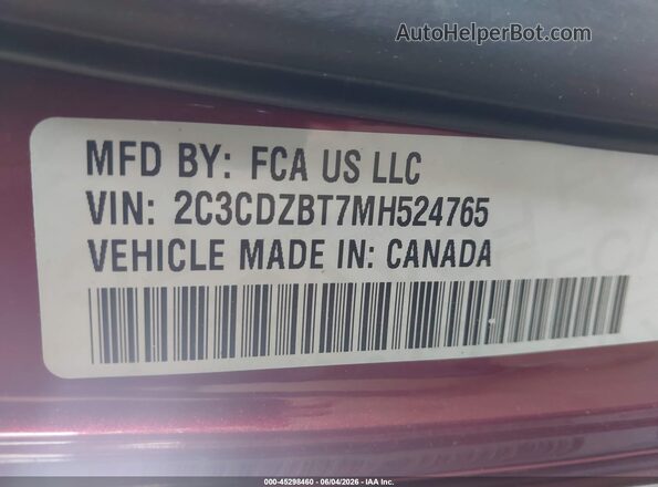 2C3CDZBT7MH524765 2021 DODGE CHALLENGER Maroon Engine compartment view