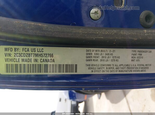 2C3CDZBT7MH572766 2021 DODGE CHALLENGER Blue Widok komory silnika