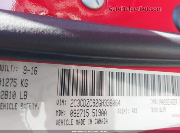 2C3CDZC92GH336064 2016 DODGE CHALLENGER Red Engine compartment view