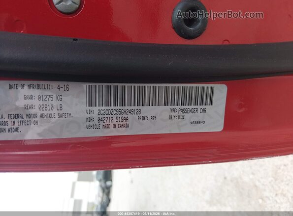 2C3CDZC95GH249128 2016 DODGE CHALLENGER Red ძრავის განყოფილების ხედი