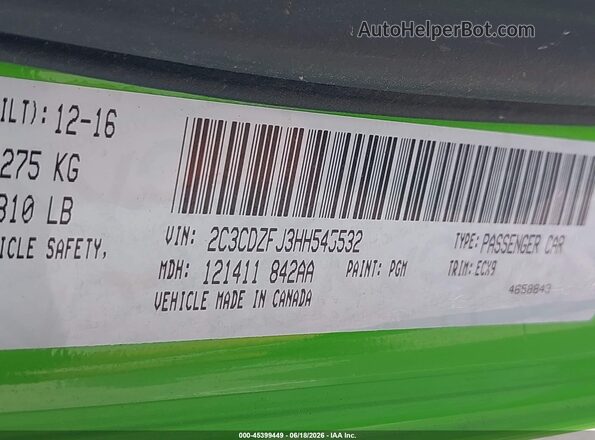 2C3CDZFJ3HH545532 2017 DODGE CHALLENGER Green Շարժիչի բաժամունքի տեսք