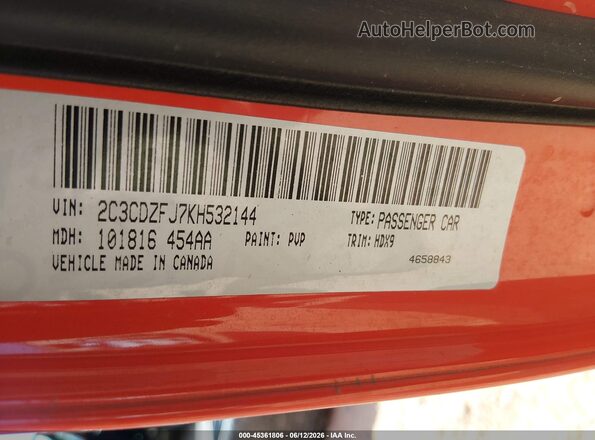 2C3CDZFJ7KH532144 2019 DODGE CHALLENGER Orange ძრავის განყოფილების ხედი
